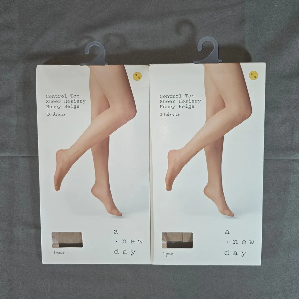 A New Day 2PK Control Top Sheer Hosiery Honey Beige 20 Denier Tights S/M
